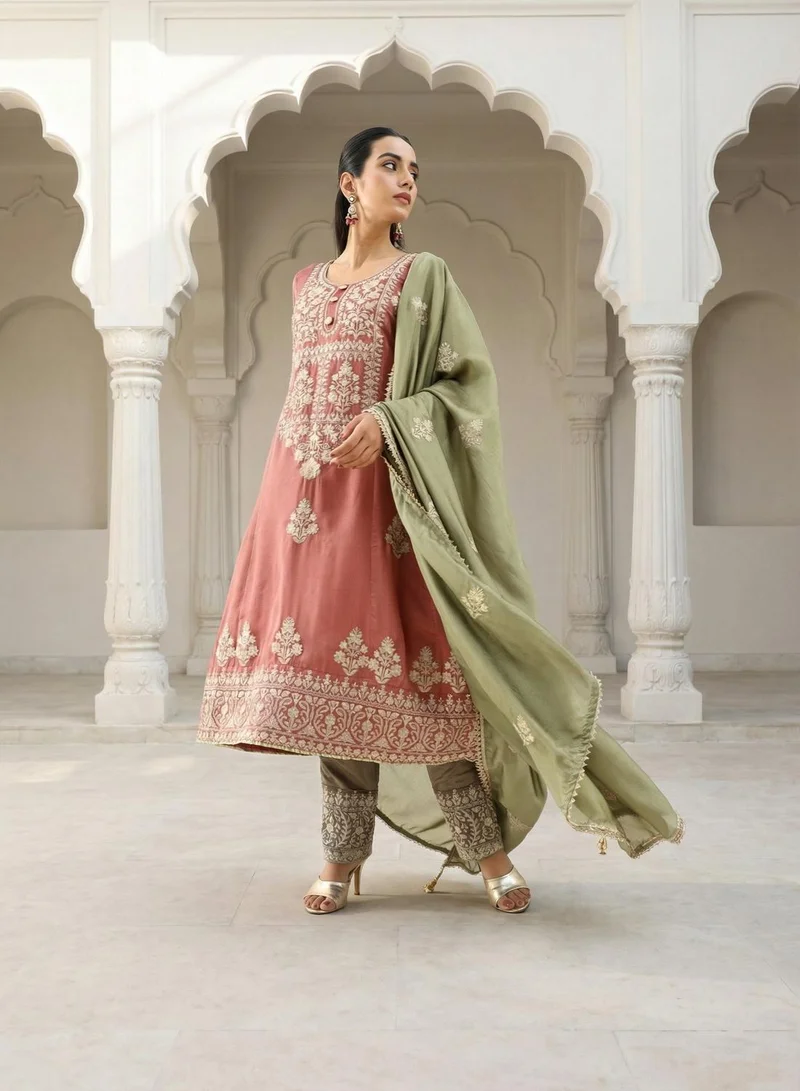 Rich Pink Vichitra Embroidered A Line Kurta sets with dupatta